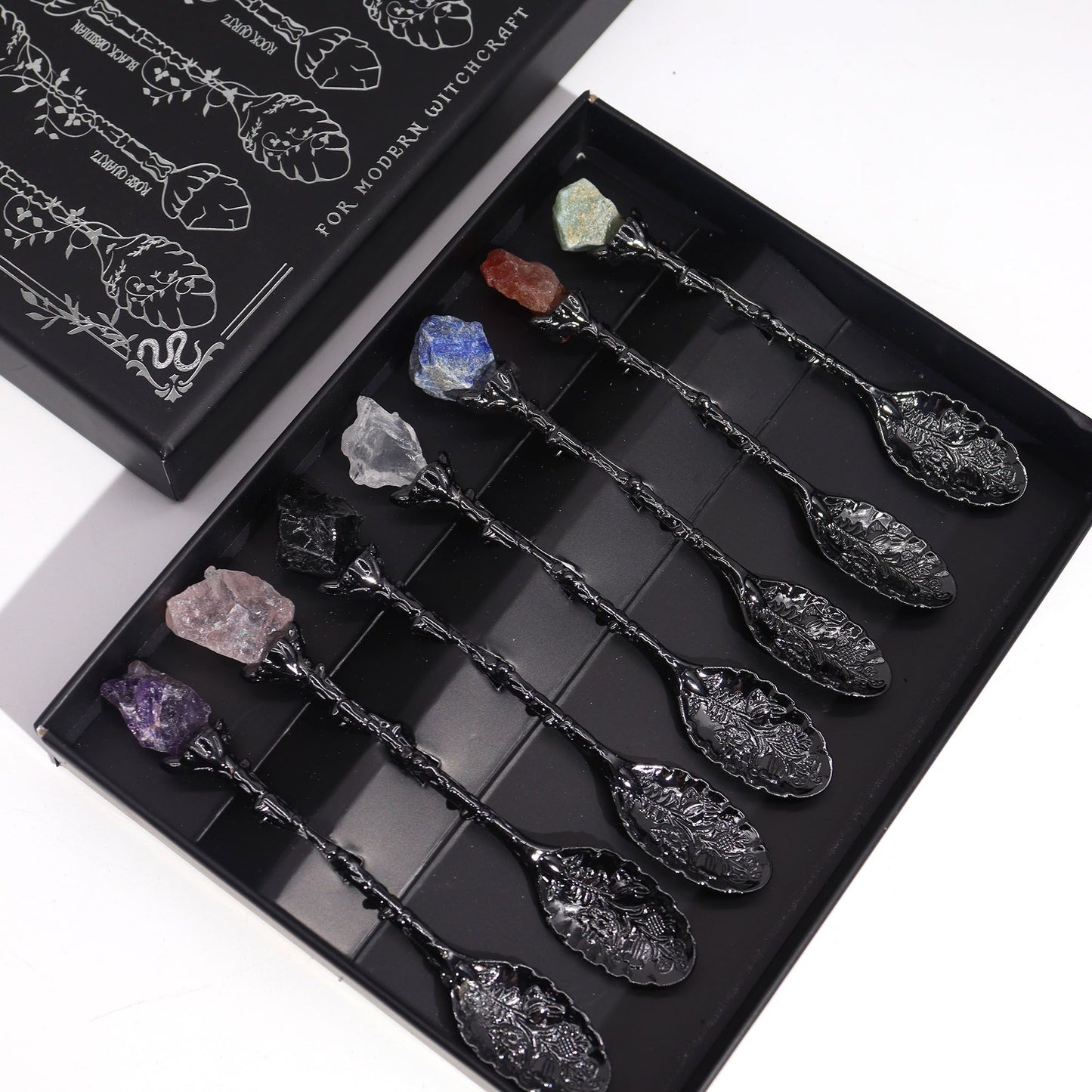 Set of 7 Dark Silver Gemstone Crystal Witch Spoons - for rituals, decor, or a beautiful gift!