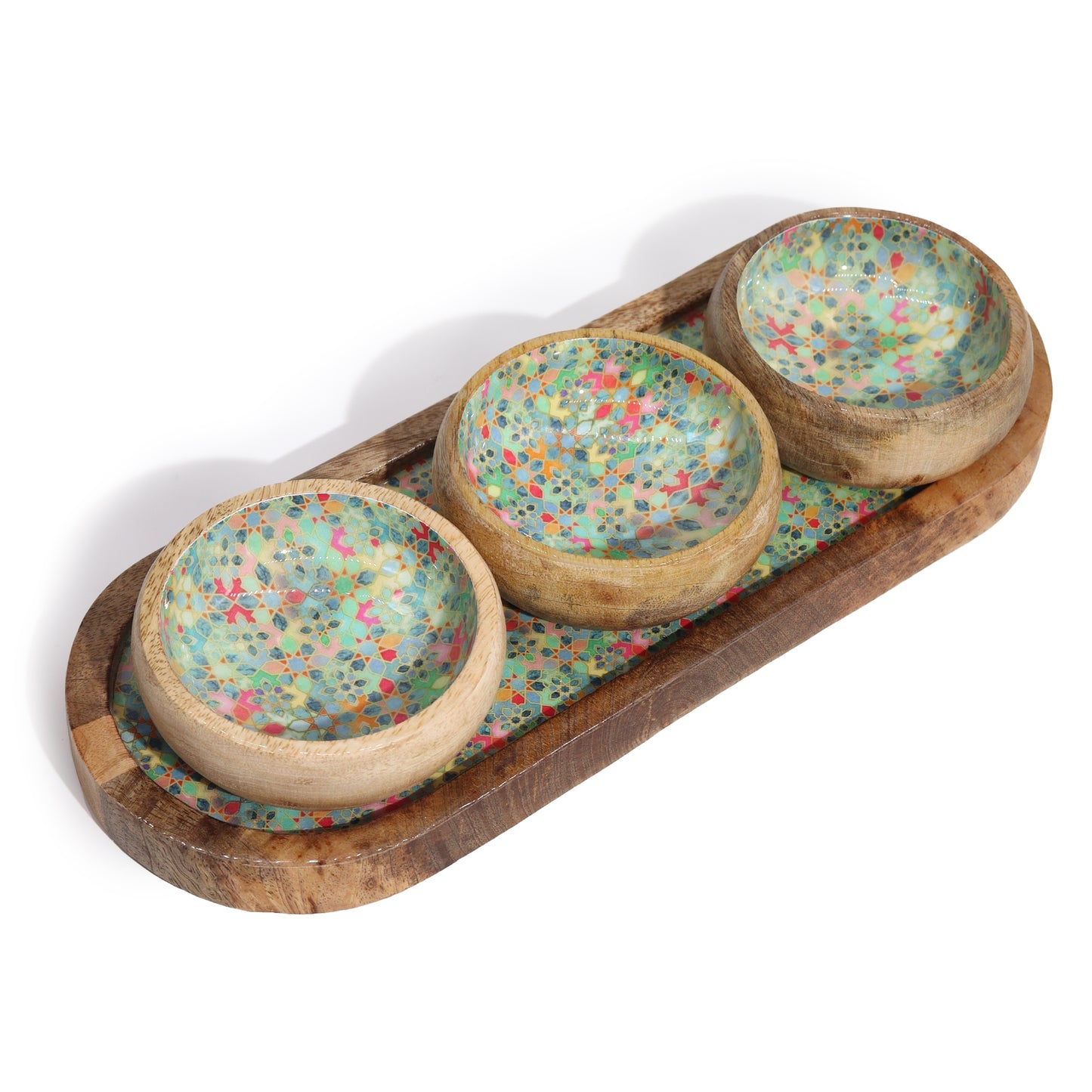 Mango Wood Tray with 3 Bowls Set