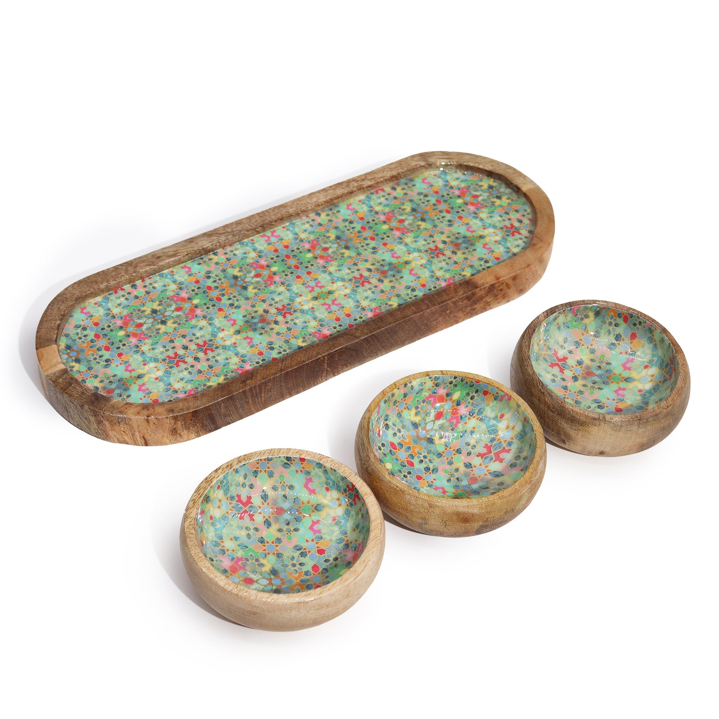Mango Wood Tray with 3 Bowls Set