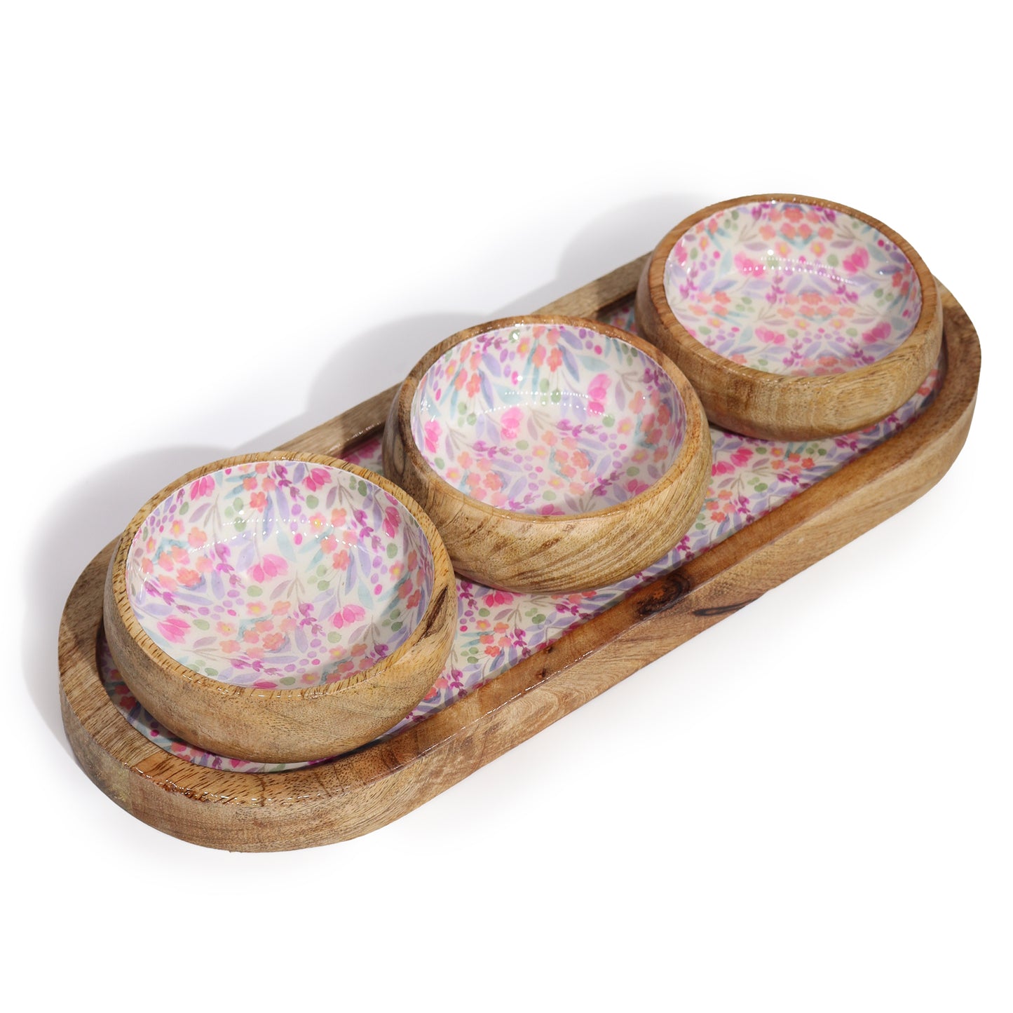 Mango Wood Tray with 3 Bowls Set