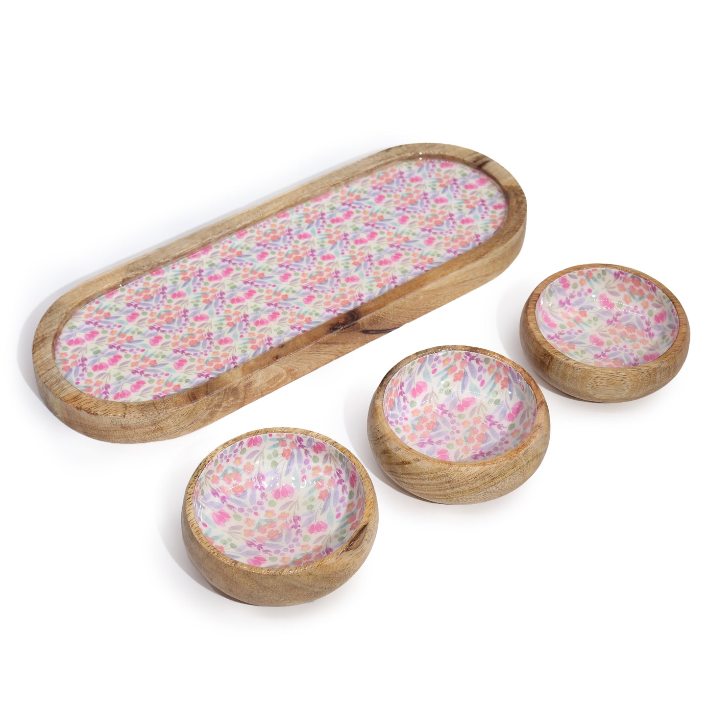 Mango Wood Tray with 3 Bowls Set