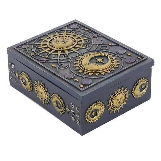 Sun & Moon Celestial Resin Storage Box – Gold Astrology Trinket Box for Crystals, Tarot & Ritual Essentials