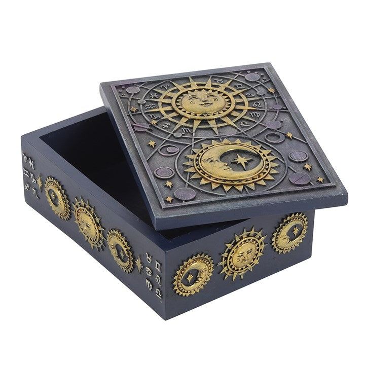 Sun & Moon Celestial Resin Storage Box – Gold Astrology Trinket Box for Crystals, Tarot & Ritual Essentials
