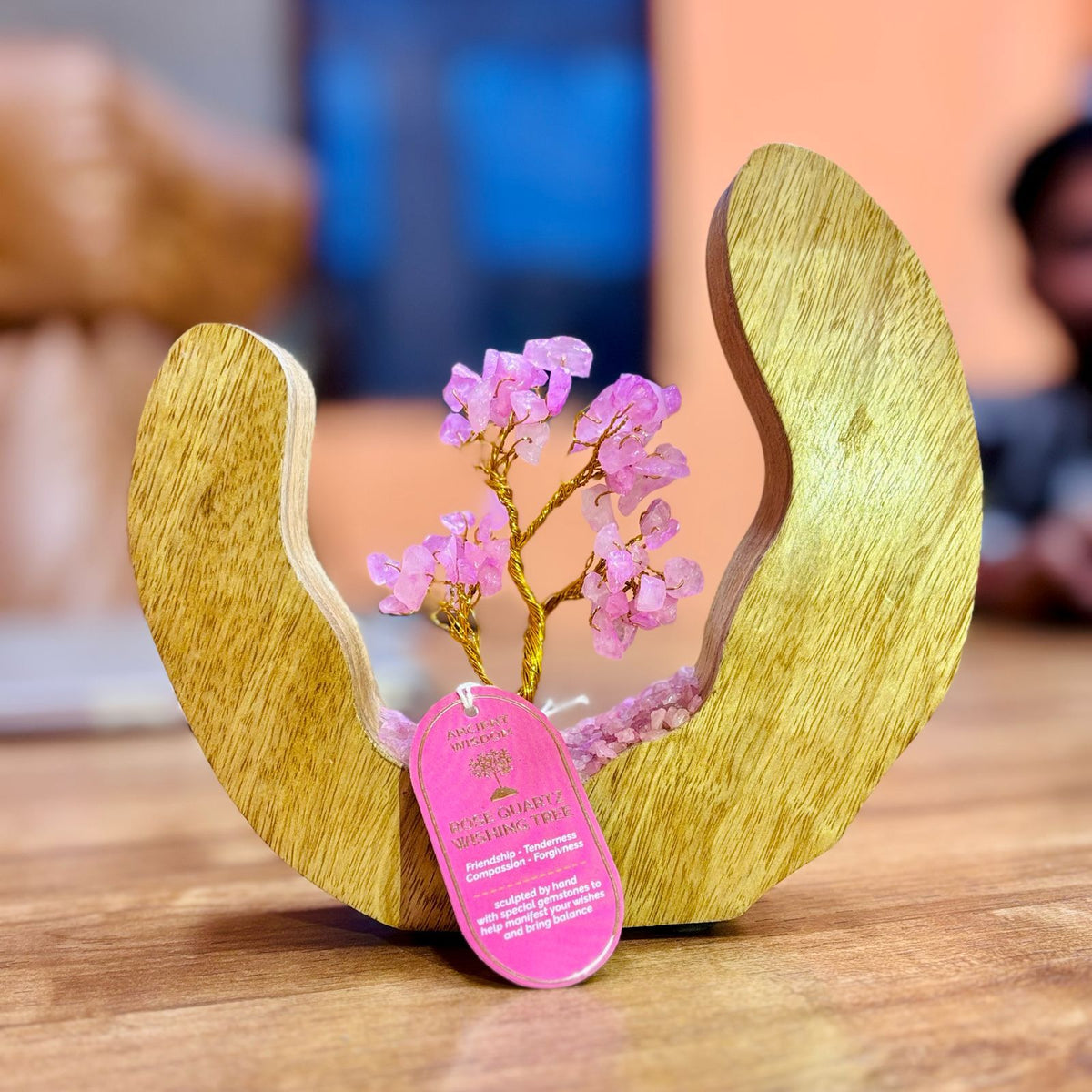 Rose Quartz Gemstone Tree Garden - Mango Wood Open Ring