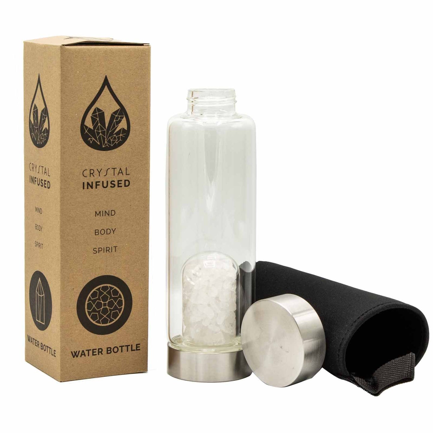 Clear Quartz - Cleansing - Crystal Infused Glass Water Bottle