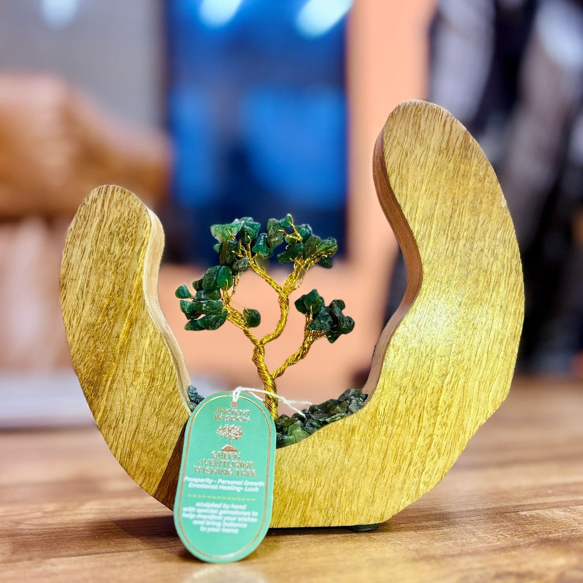 Green Aventurine Gemstone Tree Garden - Mango Wood Open Ring