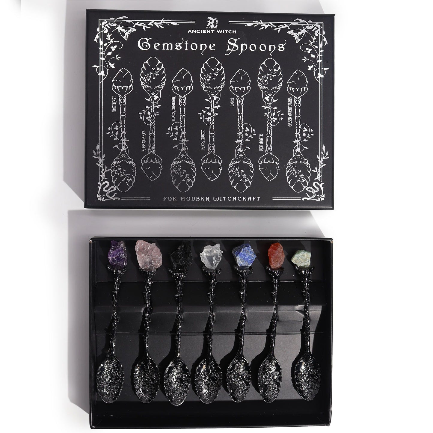 Set of 7 Dark Silver Gemstone Crystal Witch Spoons - for rituals, decor, or a beautiful gift!