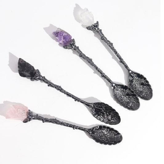Set of 7 Dark Silver Gemstone Crystal Witch Spoons - for rituals, decor, or a beautiful gift!