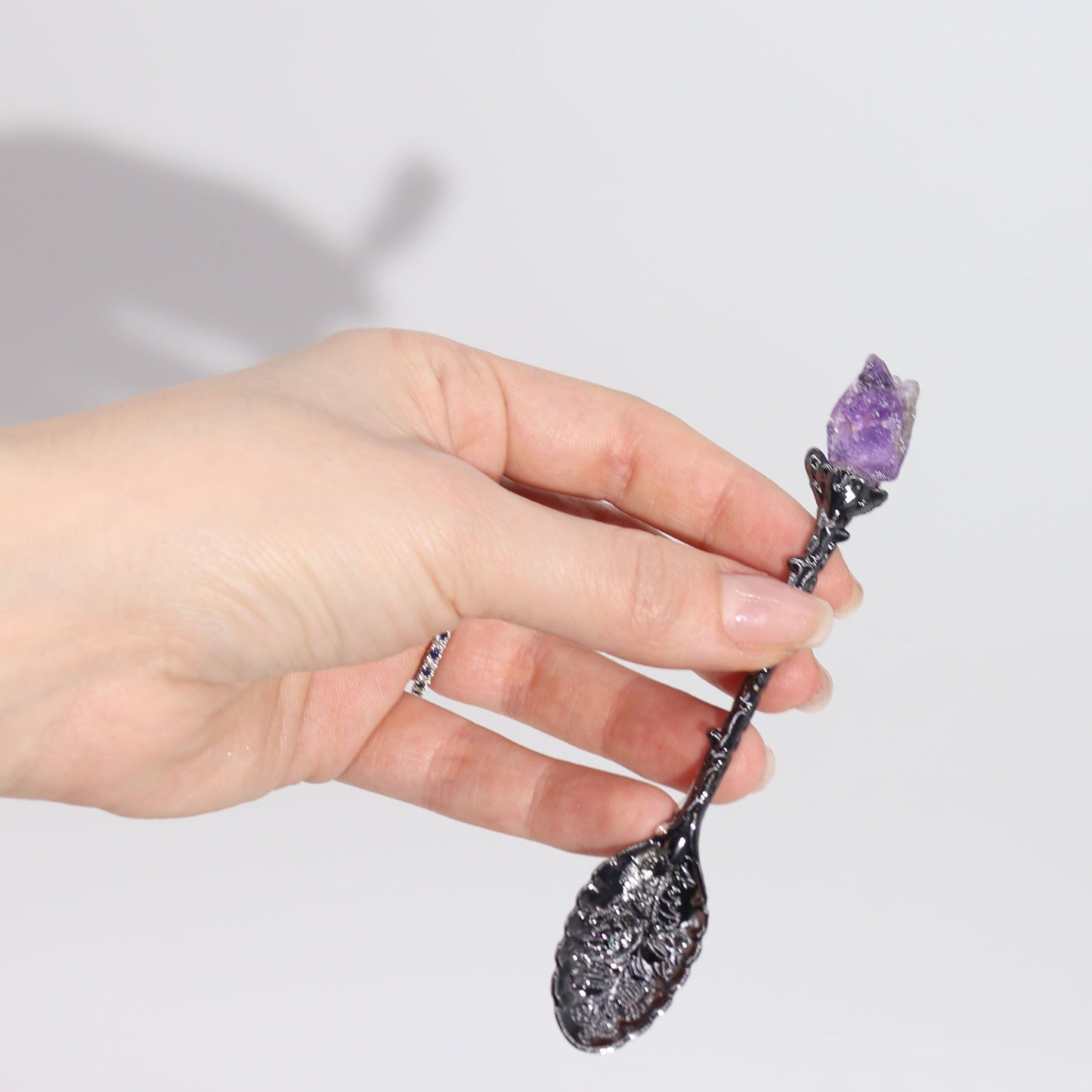 Set of 7 Dark Silver Gemstone Crystal Witch Spoons - for rituals, decor, or a beautiful gift!