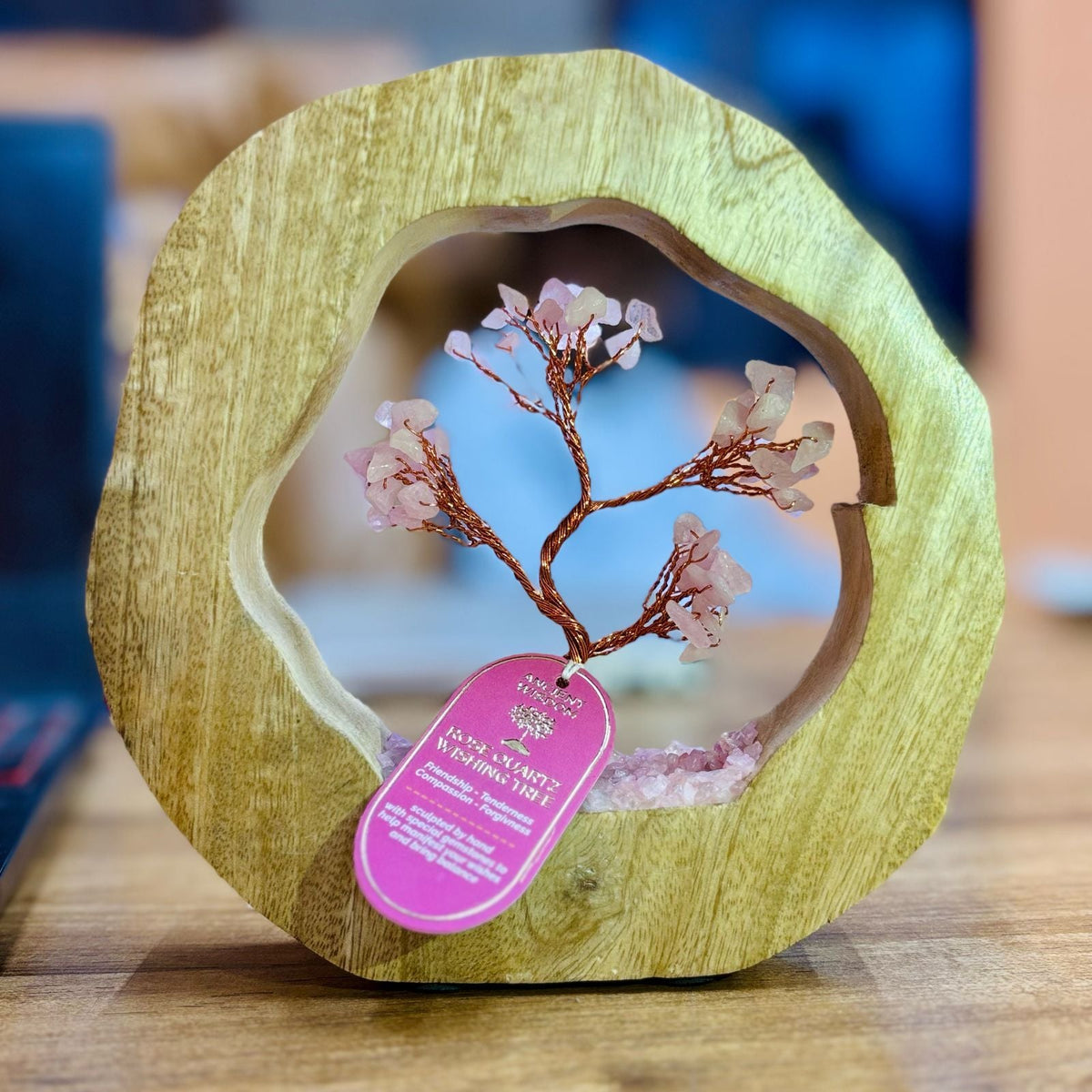 Rose Quartz Gemstone Tree Garden - Mango Wood Ring
