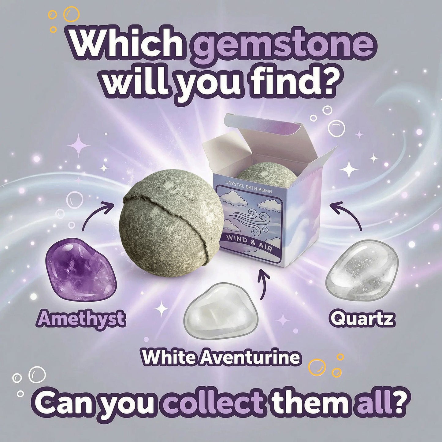 4 Element Crystal Bath Bomb Set – Fire, Water, Air & Earth | Self Care Gift Set with Hidden Gemstones