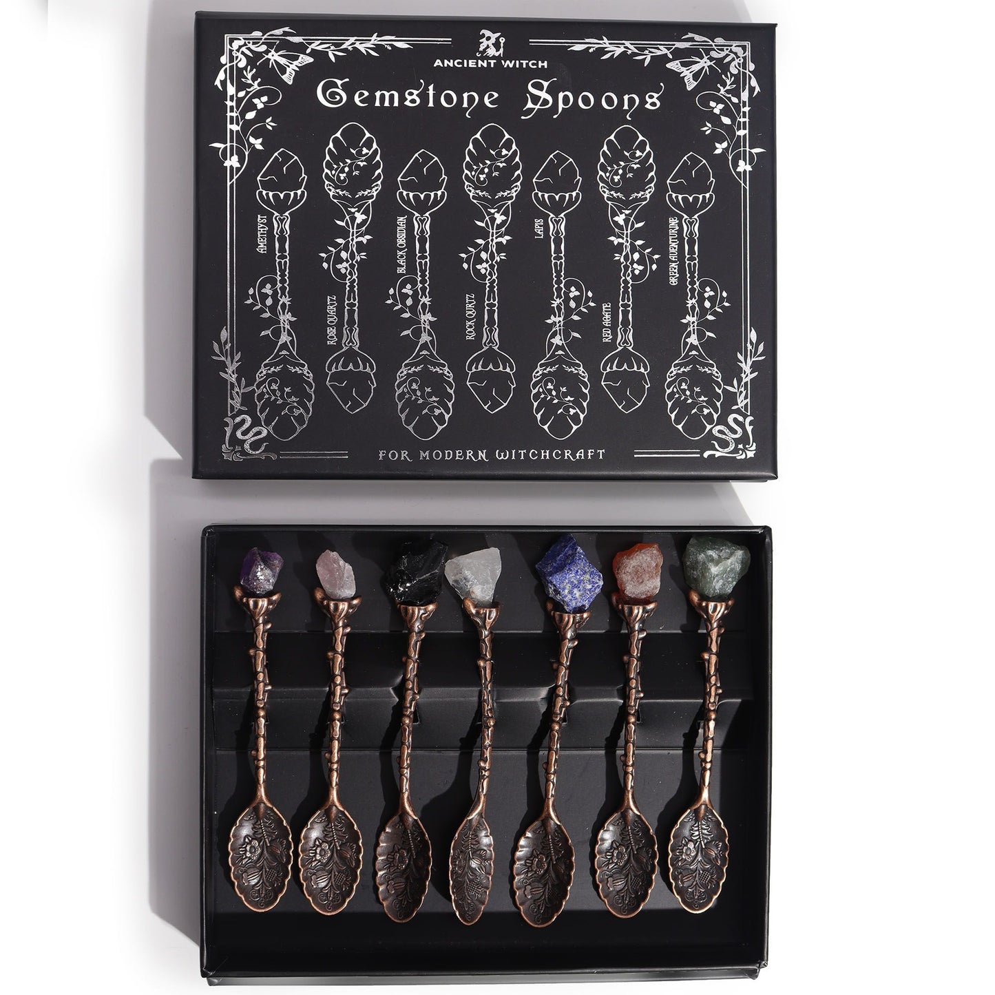 Set of 7 Bronze Gemstone Crystal Witch Spoons - perfect for rituals, decor, or a beautiful gift!