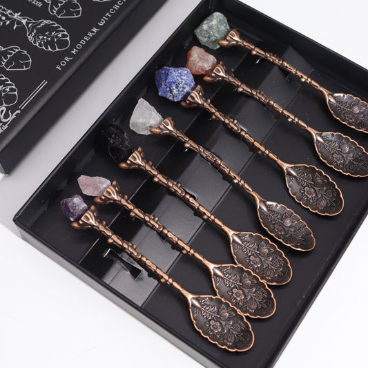 Set of 7 Bronze Gemstone Crystal Witch Spoons - perfect for rituals, decor, or a beautiful gift!