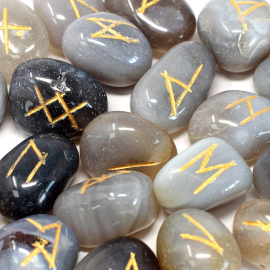 Grey Agate Runes Stone Set in Pouch