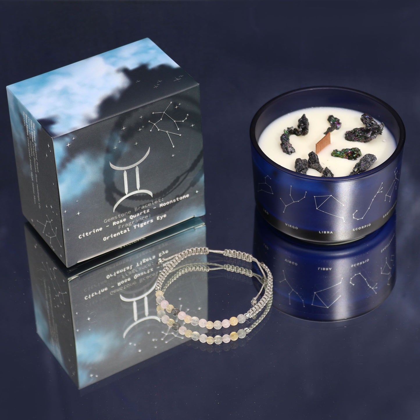 Gemini Zodiac Crystal Candle with Gemstone Bracelet