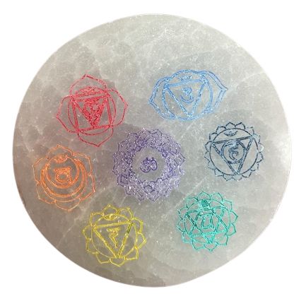 Small Selenite Charging Plate 8cm - Chakra Design - colour