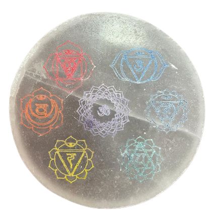 Medium Selenite Charging Plate 10cm - Chakra Design - colour