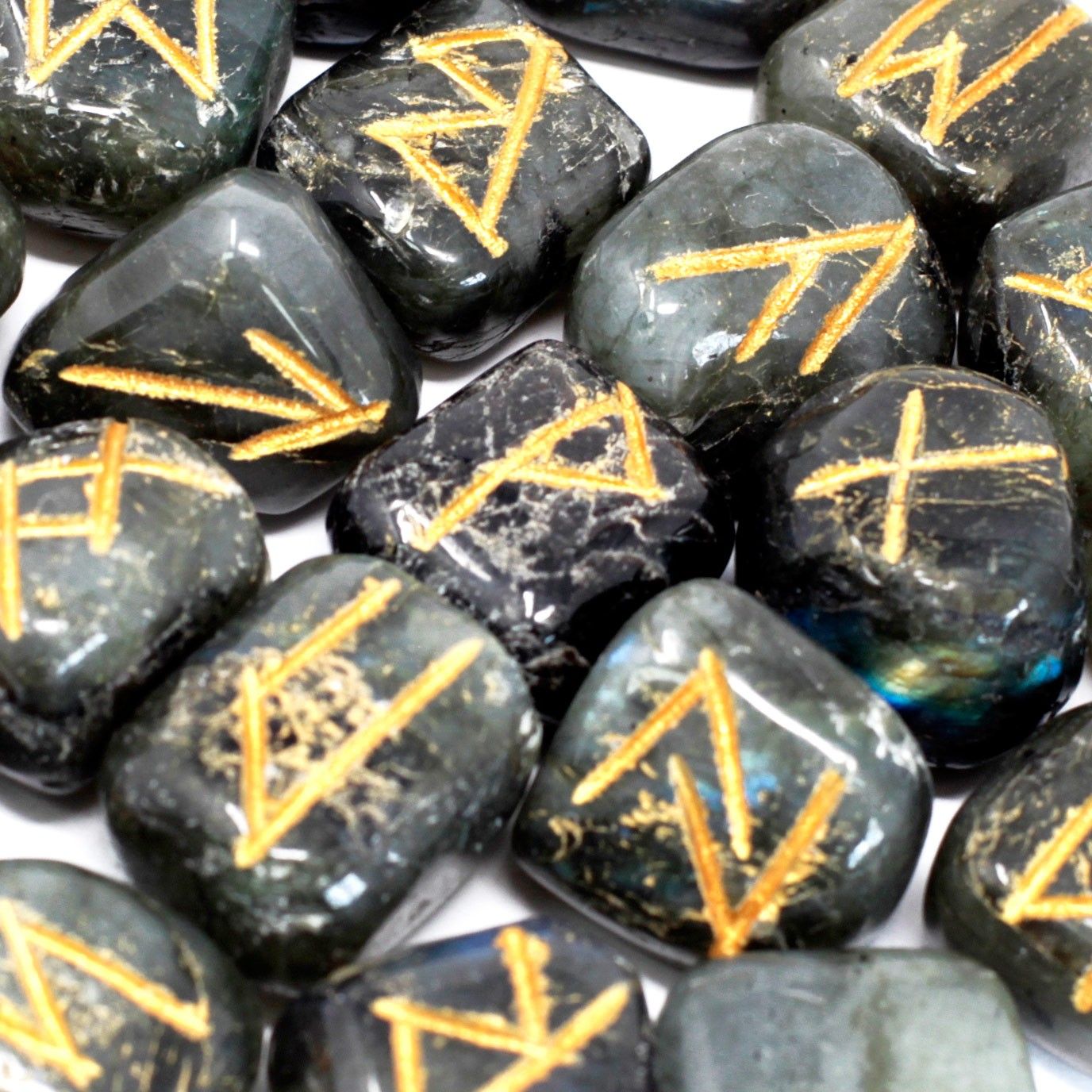 Labradorite Runes Stone Set in Pouch