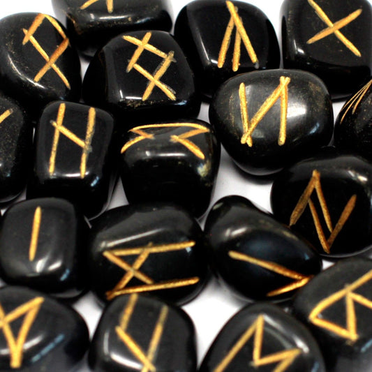 Black Agate Runes Stone Set in Pouch