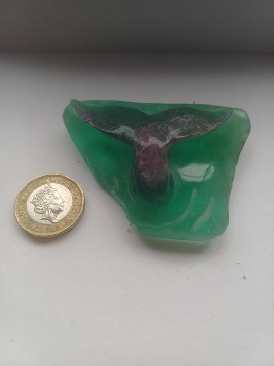 One of a kind green and purple Fluorite whale tail carving