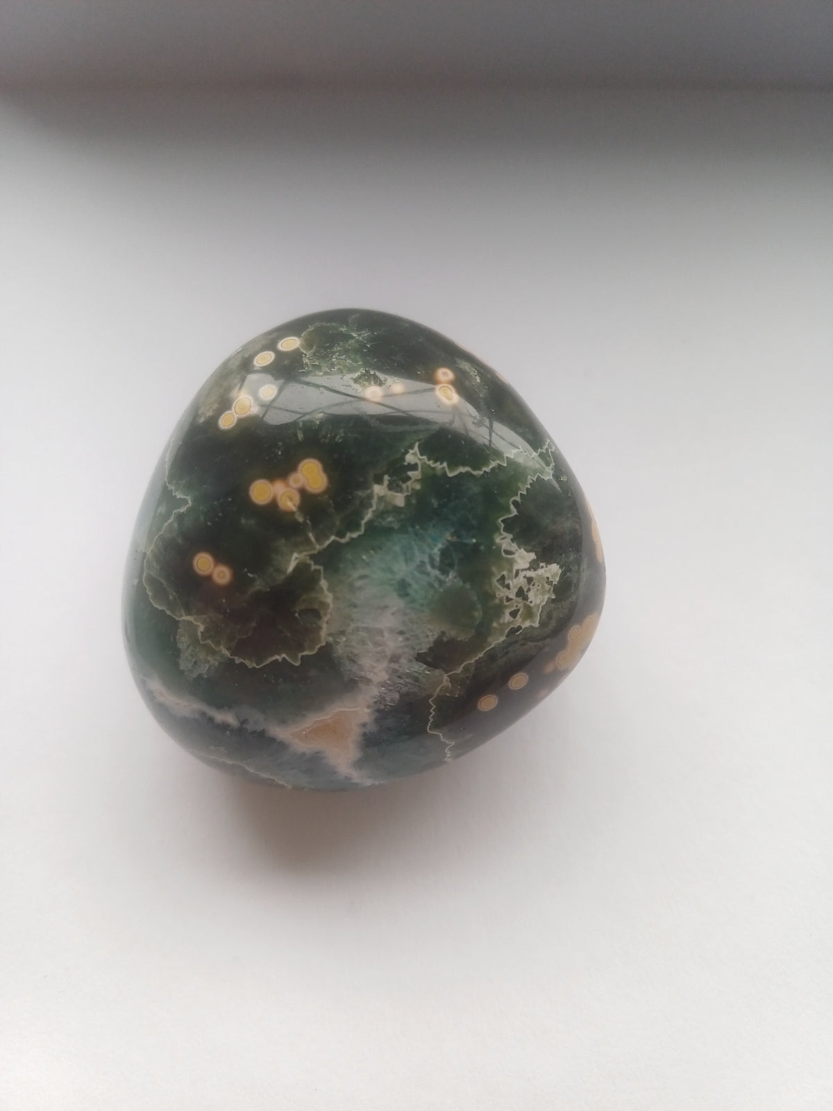 Ocean Jasper polished freeform front view with green orbicular patterning