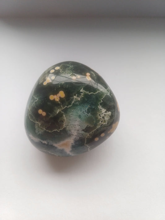 Ocean Jasper polished freeform front view with green orbicular patterning