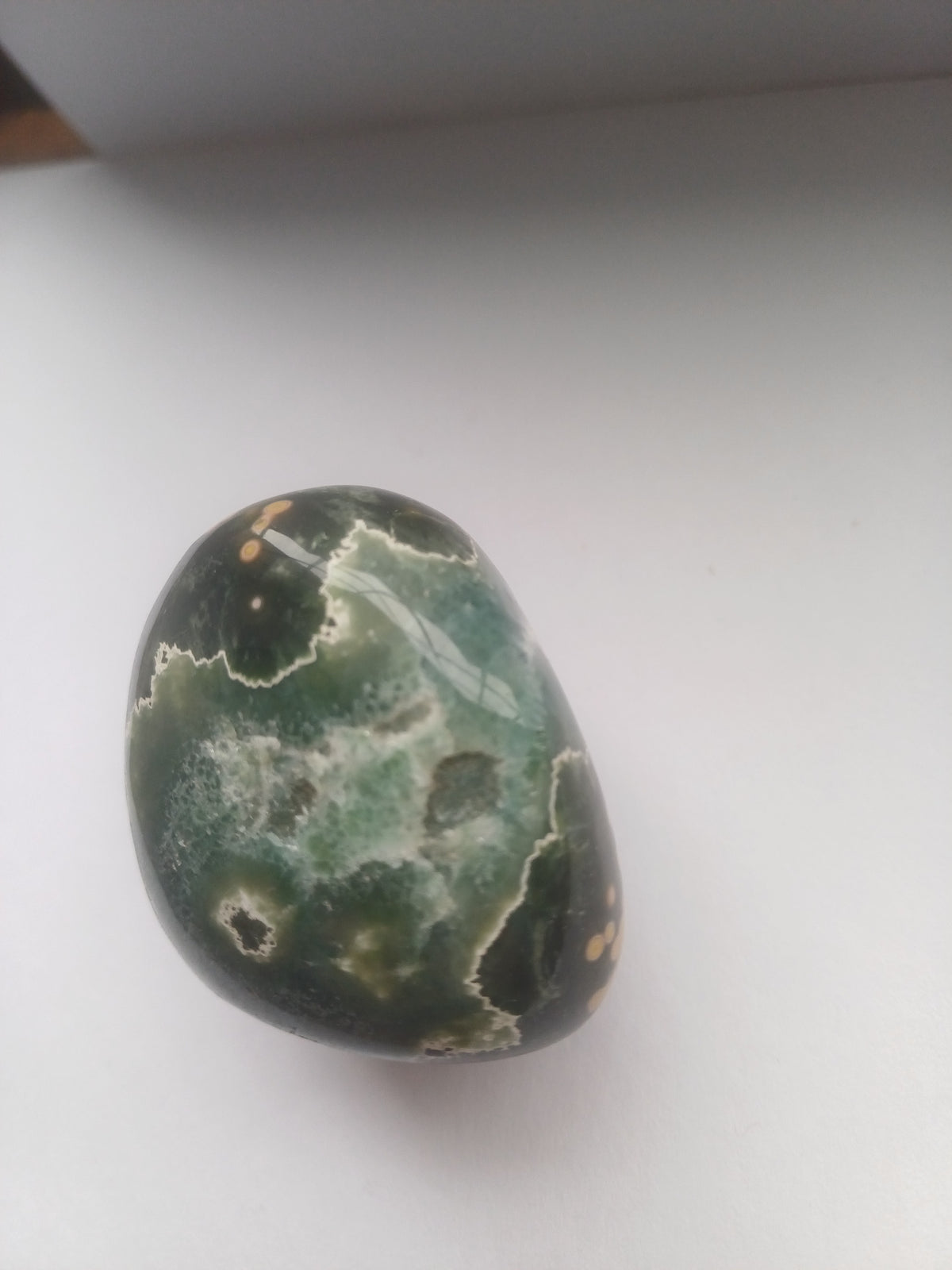 Ocean Jasper polished freeform reverse view with green cream and orbicular markings