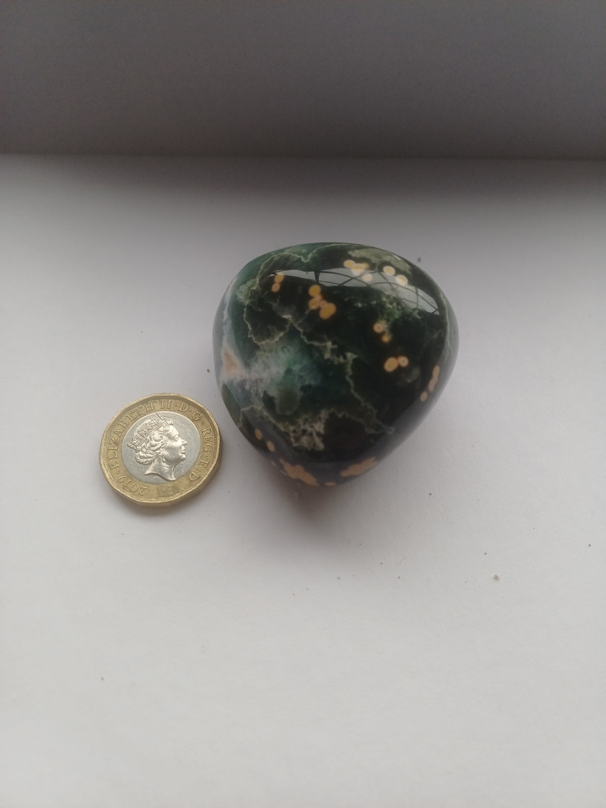 Ocean Jasper polished freeform with £1 coin for scale