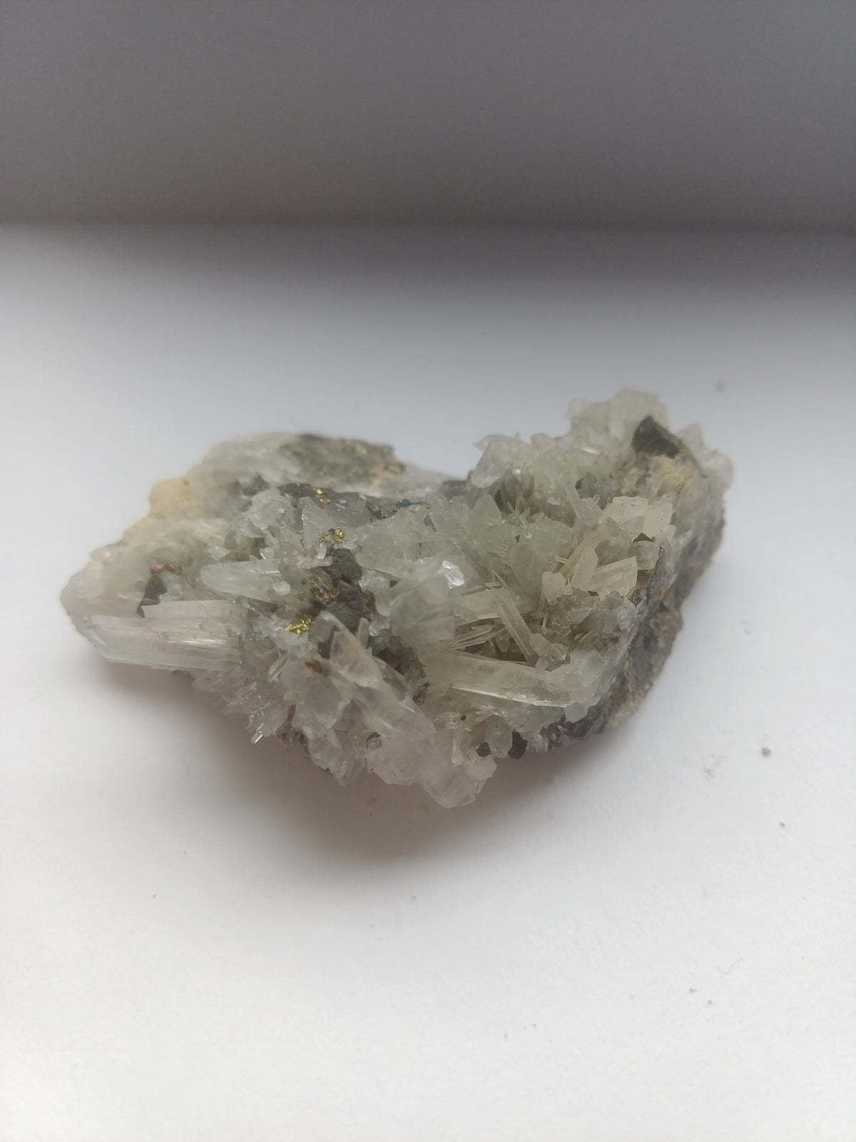 Clear to milky quartz crystal points on mixed metallic mineral matrix, one-of-a-kind specimen