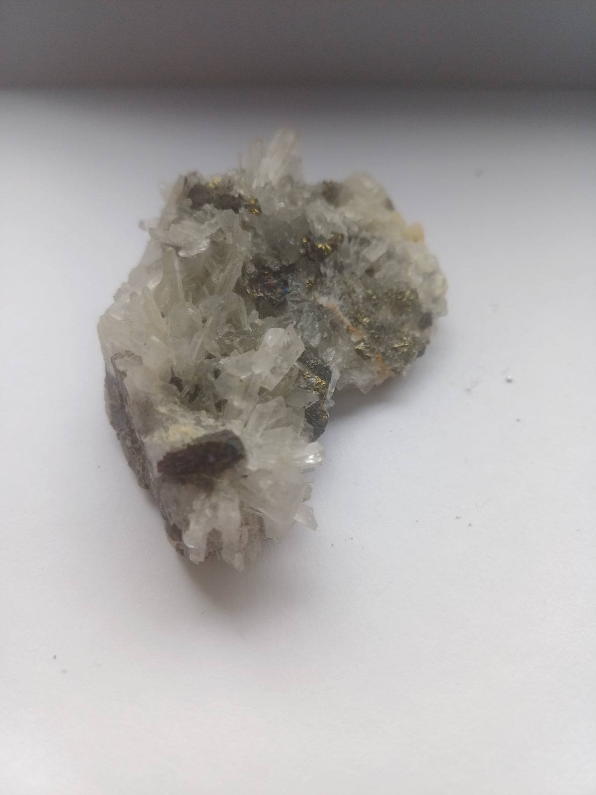 One-of-a-kind 70mm quartz crystal cluster with likely sphalerite and pyrite or chalcopyrite mineralisation