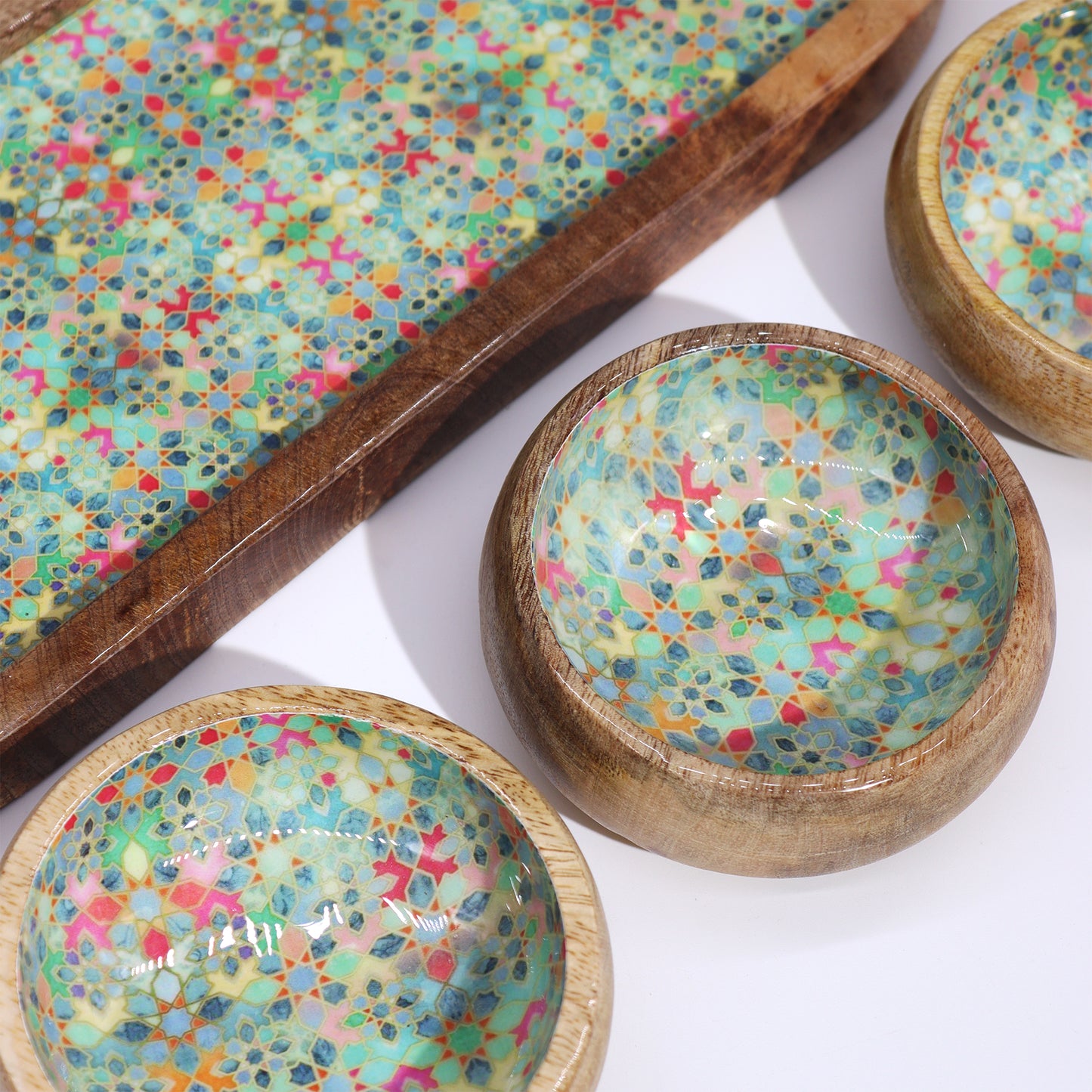 Mango Wood Tray with 3 Bowls Set